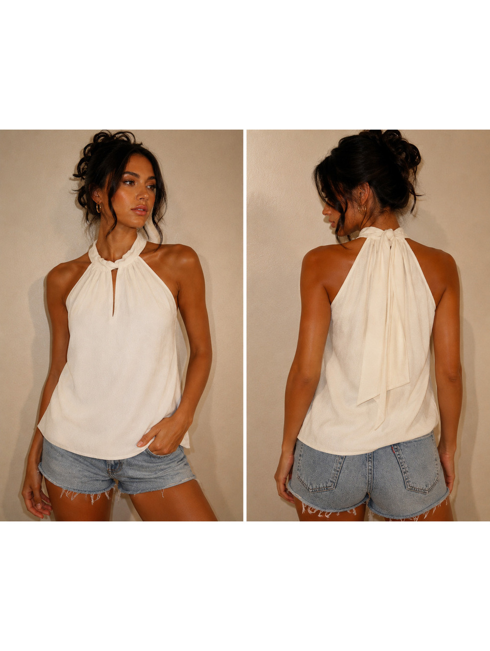 Versona Cream Halter Neck Tie Back Top Medium